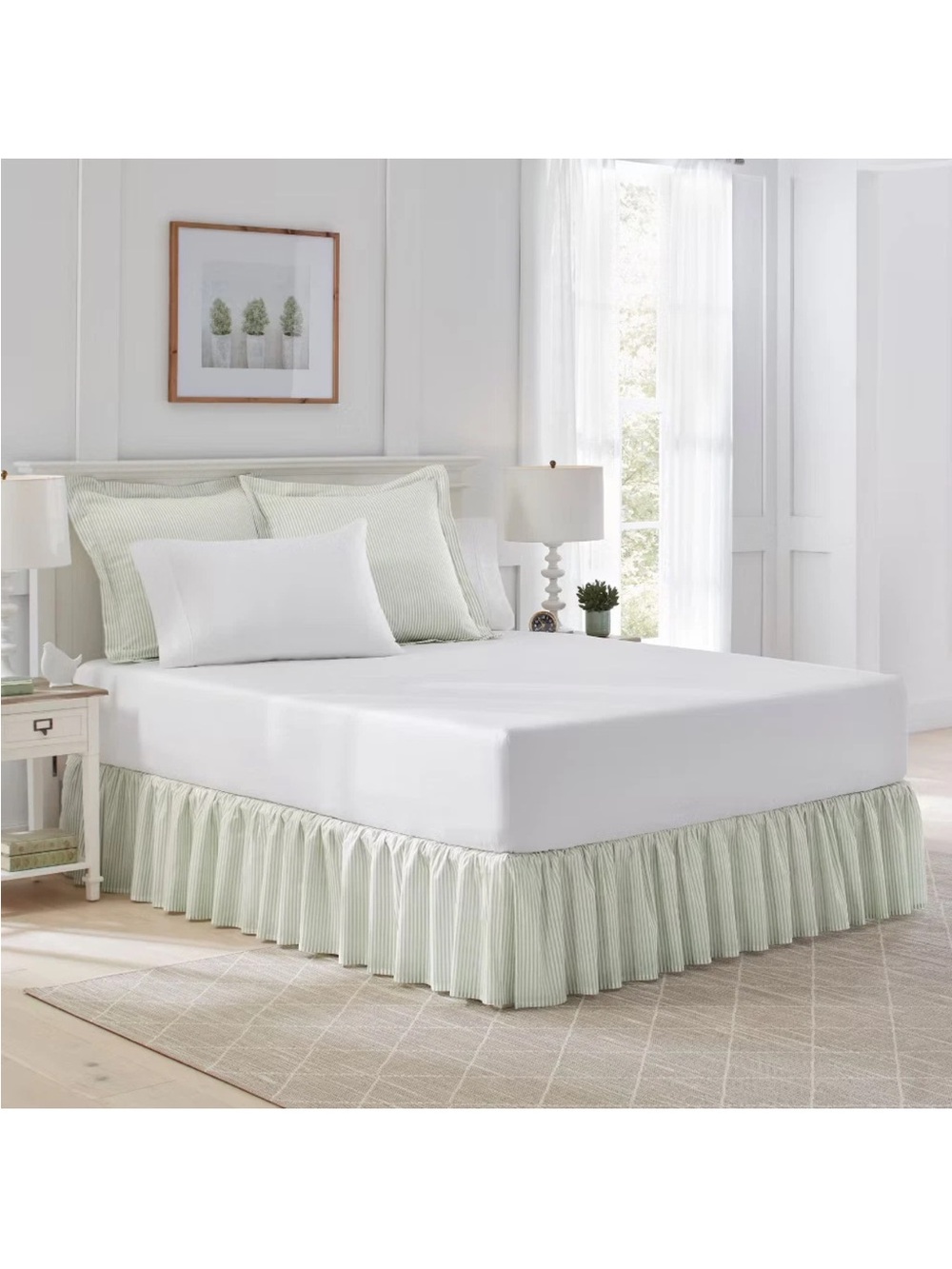 Laura Ashley Classics Full Ruffled Bedskirt — Sage Green & White Ticking Stripe